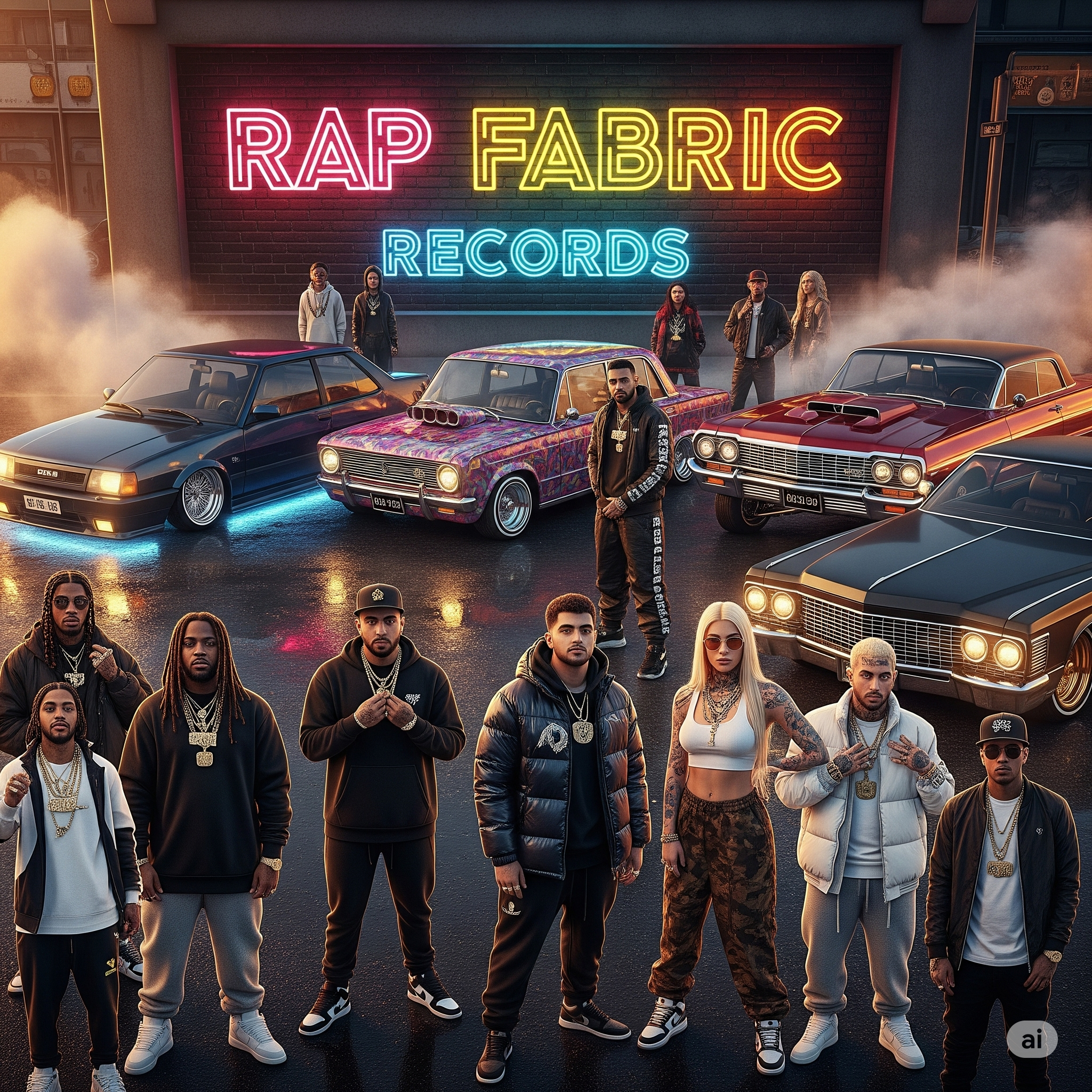 A cinematic street poster scene for RAP FABRIC RECORDS, featuring a diverse crew of rappers and iconic cars in a neon-lit urban setting.